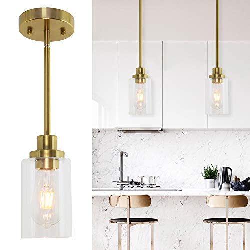 MELUCEE 1-Light Modern Pendant Light Brass Finish with Clear Glass Shade Kitchen Island Lighting Contemporary Light Fixtures Ceiling Hanging for Dining Room Hallway