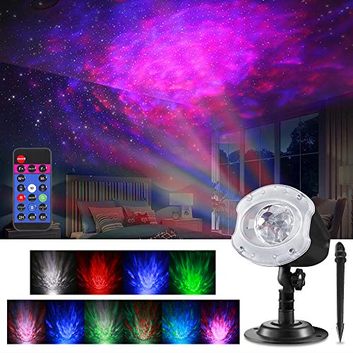 ALOVECO LED Laser Christmas Projector Lights 2-in-1 RGBW 10 Color Changing Modes Ocean Wave Star Projector Night Light with Remote Control Outdoor Waterproof Decorative Lighting for Home Game Party