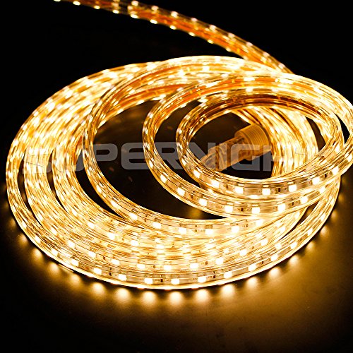 BZONE 164FT 5m 5050SMD Waterproof Flexible LED Strip Light Warm White Outdoor Christmas LED Rope Light 110V High Voltage Plug and Play