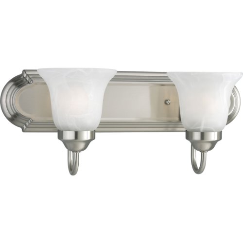 Progress Lighting P3052-09EBWB 2-Light Energy Star Bath Compact Fluorescent with Etched Alabaster Shades and An Elongated Racetrack-Style Backplate Brushed Nickel