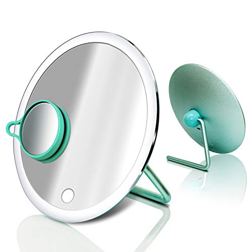KING DOO LED Lighted Makeup Mirror with Extra 3X Magnifying Vanity Small Mirror Portable Rechargeable Light Up Mirrors One Touch Screen Switch 180 Degree Rotation Round Tiffany Blue