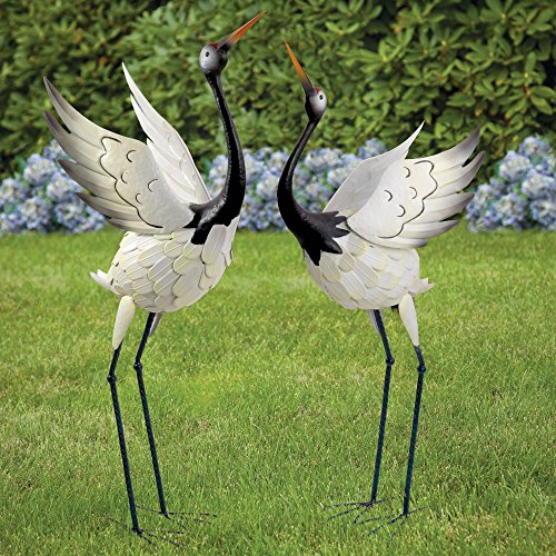 Bits and Pieces -Red Crowned Cranes Metal Garden Sculpture - Set of Two Metal Cranes for Home and Garden DÃ©cor - Metal Garden Art Outdoor Lawn and Patio Decor Backyard Sculpture and Decoration