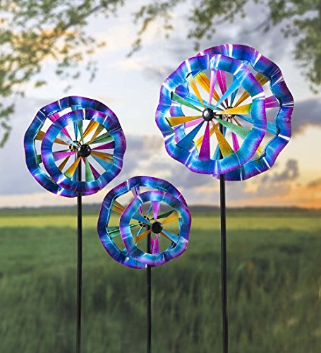 Plow Hearth Colorful Ruffled Garden Wind Spinner Set of 3 Small Medium and Large - Powder Coated All Weather Finish - Durable Steel Construction - Some Assembly Required - Metal Garden Art