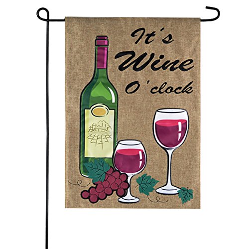 Wine O Clock Burlap Garden Flag - 12x18 Home Garden Flag - Garden Art Flag