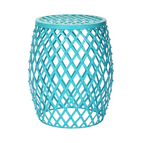 HOMEBEEZ Home Garden Accents Wire Round Iron Metal Stripes Stool Side End Table Plant Stand Hatched Diamond Pattern Light blue