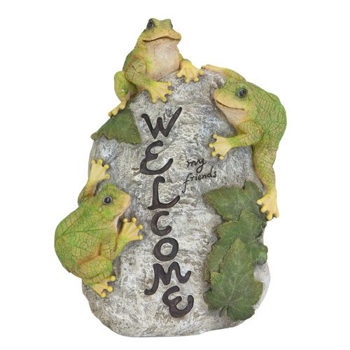 Welcome My Friends Leaf Frogs On Stone Collectible Home Garden Accent 11-inch