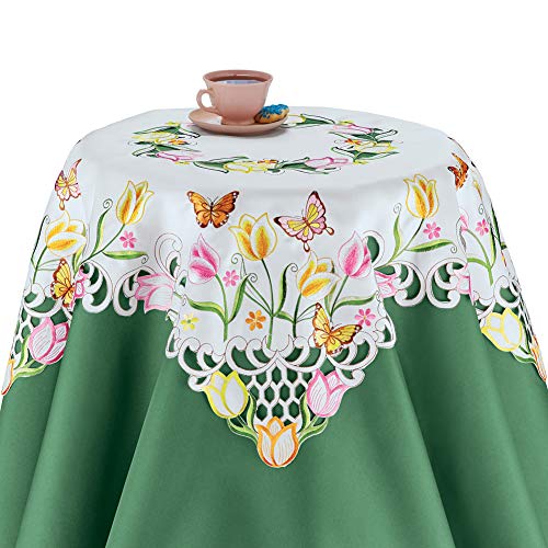 Collections Etc Embroidered Lovely Tulips and Daisies Cutout Table Linens - Spring Decor and Tabletop Accent Square