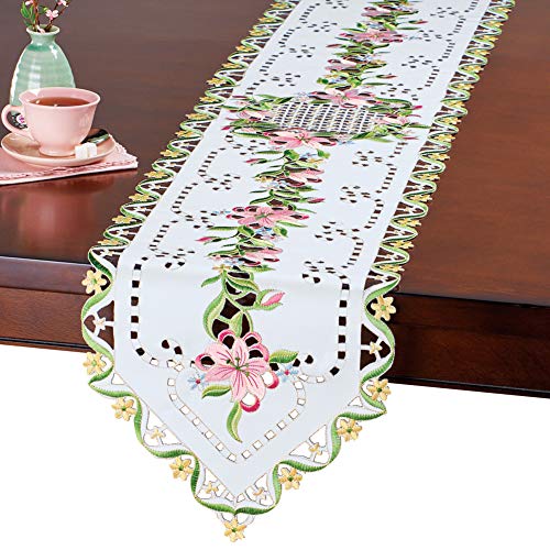 Collections Etc Embroidered Spring Lilies Cutout Table Linens - Seasonal Decor and Tabletop Accent Runner