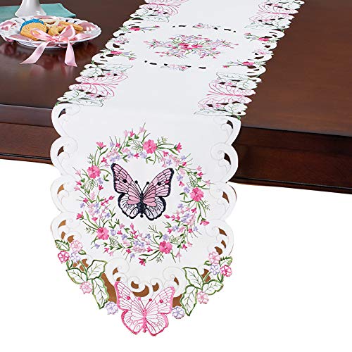 Collections Etc Embroidered Wildflowers Butterfly Cutout Table Linens - Seasonal Decor and Tabletop Accent Runner
