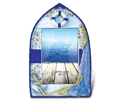 Puzzled Resin Blue Sailboat Picture Frame 4 X 6 Inch Sculptural Photo Holder Intricate Meticulous Detailing Art Handcrafted Tabletop Accent Accessory Coastal Nautical Beach Themed Home Décor