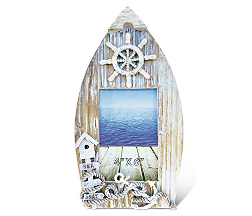 Puzzled Wooden Baja Beach Boat Picture Frame 4 x 6 Inch Sculptural Wood Photo Holder Intricate Meticulous Detailing Art Handcrafted Tabletop Accent Accessory Coastal Nautical Themed Home Décor