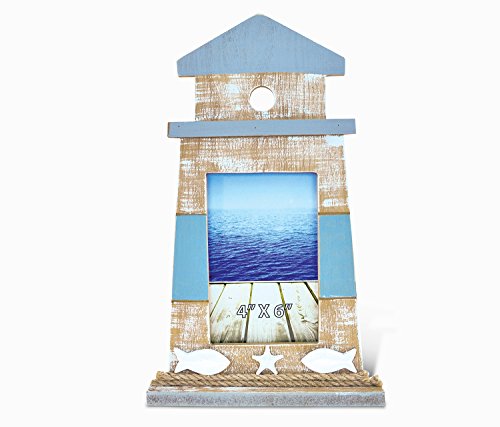 Puzzled Wooden Lighthouse Shape Picture Frame 4 x 6 Inch Sculptural Wood Photo Holder Intricate Meticulous Detailing Art Handcrafted Tabletop Accent Accessory Coastal Nautical Themed Home Décor