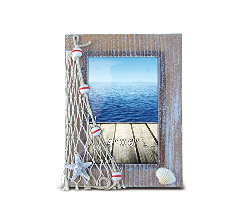 Puzzled Wooden Picture Frame with Starfish Seashell Fishing Net 4 x 6 Inch Sculptural Photo Holder Intricate Wood Art Handcrafted Tabletop Accent Nautical Beach Themed Home Décor Accessory