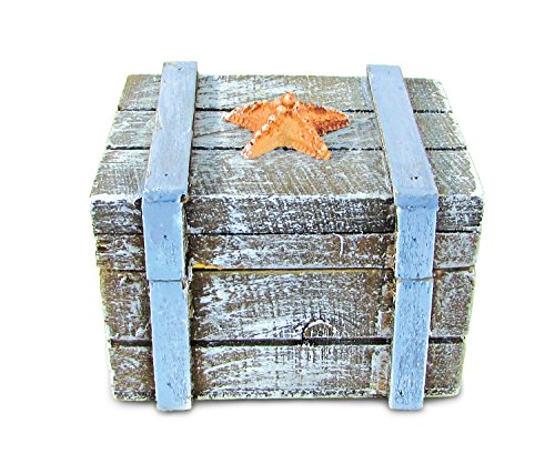Puzzled Wooden Treasure Chest with Orange Starfish Jewelry Box 35 Inch Intricate Meticulous Detailing Art Handcrafted Trinket Accessory Storage Tabletop Accent Nautical Beach Themed Home Décor