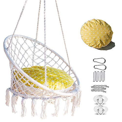 Nooksta Hammock Chair Macrame Swing - Large Hanging Chair with Included Cushion Sturdy Hanging Kit 100 Cotton Rope Swing Relaxing Swinging Chair for Indoor Outdoor Patio or Yard Accent Yellow