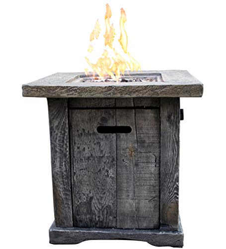 Benjara BM200142 Wood Look Outdoor Gas Fire Pit with Lava Rocks and Control Panel Gray