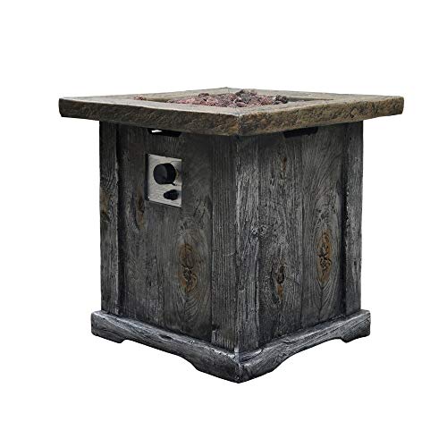 ModHaus Living 24 inch Outdoor Square Fire Pit with Lava Rock Faux Wood Finish - Includes Pen