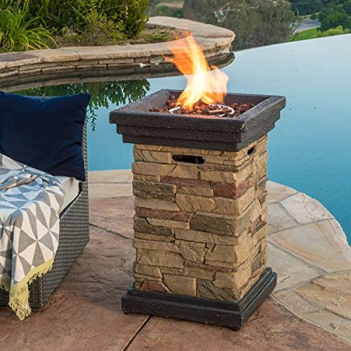 Natural Stone Chesney Outdoor 19 Inch Column Liquid Propane Fire Pit With Lava Rocks Wonderful Addition To Any Patio Sure To Provide You And All Of Your Guests With Warmth For Those Mild Summer Nights