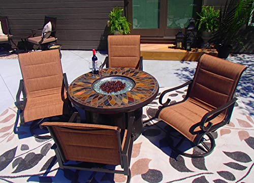 Pebble Lane Living 5-Piece Fire Pit Patio Set 42 Round Natural Slate Top Fire Pit with Lava Rocks 4 Swivel Rocking Padded Sling Armchairs Easy Startup Powder Coated Aluminum All Weather Bronze