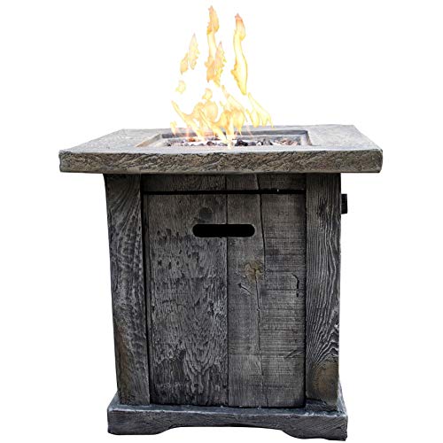 Wood Look Outdoor Gas Fire Pit with Lava Rocks and Control Panel Gray Grey Square Magnesium Oxide Stainless Steel