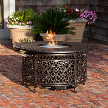 Fire Sense Sedona Cast Aluminum LPG Round Fire Pit Water-resistant Fire Pit Cover and Clear Fire Glass