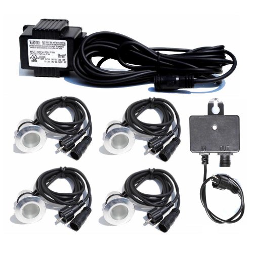 4 Pack White LED Light Deck Landscape Garden Lighting Kit with Transformer and Outdoor Photocell Dusk to Dawn Automatic Sensor