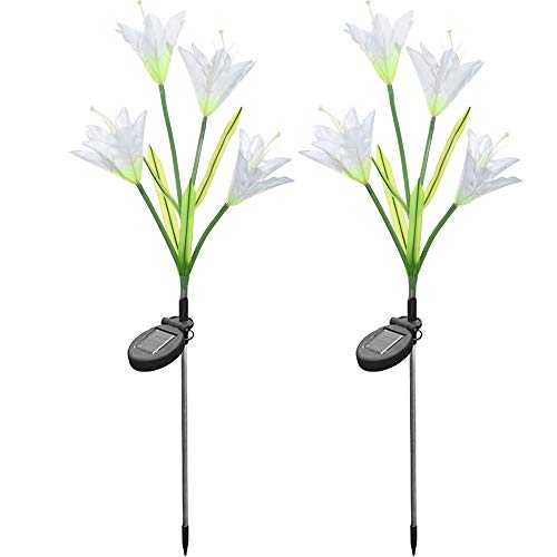 Crytech 2 Pack Dimmable Outdoor Solar Powered Lily Flower Garden Light with 4 Heads Lamp 7 Color Changing Led Solar Stake Light Pathway Landscape Lighting for Patio Lawn Yard Decor White