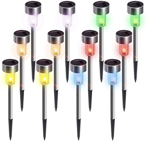 GIGALUMI 12Pack 6Color Solar Garden LightsPath Lights Stainless Steel Led Pathway Landscape Lighting for Patio Yard