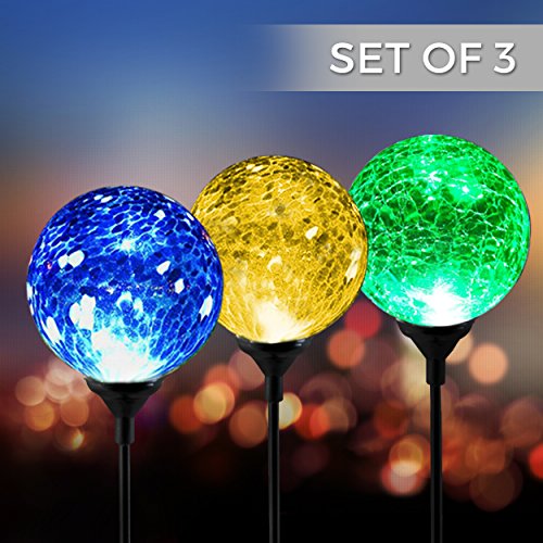 Solar Powered Crackle Glass Ball- 7 Color Changing Stake Lights- Set of 3- Weatherproof Design- Decorative Landscape Lamps- Wireless Outdoor LED Accent Lighting- Best Decor for Garden Yard Path 3