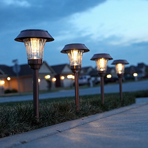 Set Of 4 High Quality Copper Solar Path Lights With Super Bright Warm White Leds And Garden Stakes Water Resistant
