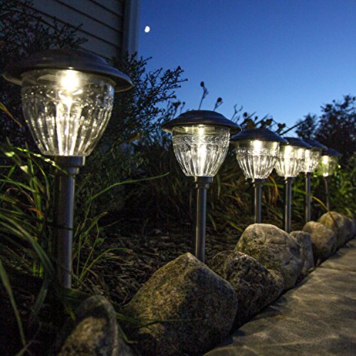 Set Of 6 High Quality Water Resistant Solar Stainless Steel Path Lights With Warm White Leds And Garden Stakes