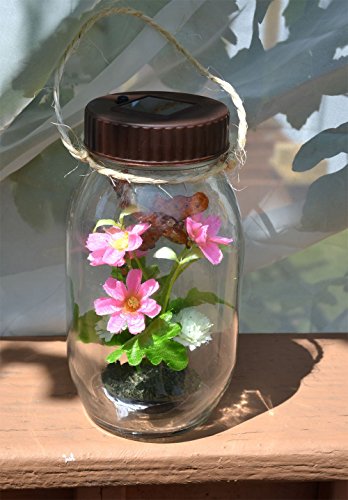 Solar Glass Hanging Jar with flowers and butterfly Outdoor LED Garden Decor Light