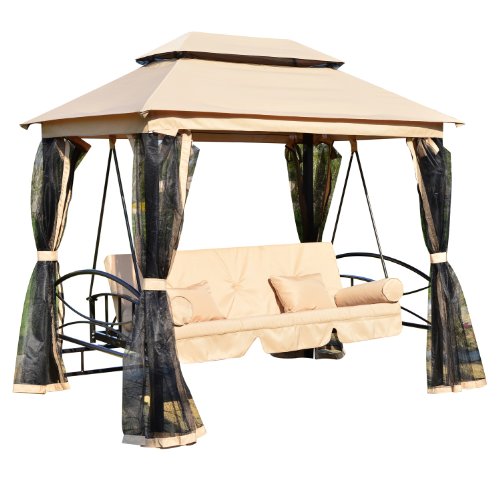 Outsunny Outdoor 3 Person Patio Daybed Canopy Gazebo Swing Tan with Mesh Walls