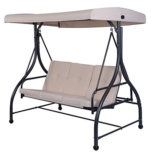 Tangkula Converting Outdoor Swing Canopy Hammock 3 Seats Patio Deck Furniture Beige