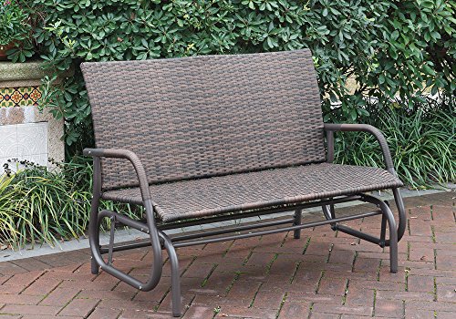 1PerfectChoice Outdoor Patio Yard Glider Loveseat Bench High Back PE Wicker Rattan Iron Frame Color Espresso