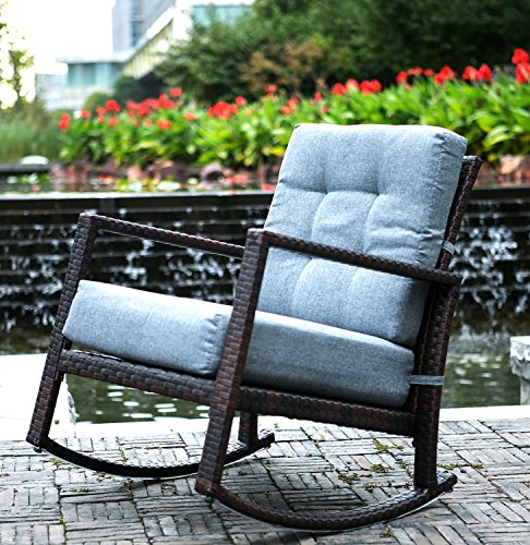 Merax Cushioned Rattan Rocker Chair Rocking Armchair Chair Outdoor Patio Glider Lounge Wicker Chair Furniture with Cushion Grey Cushion