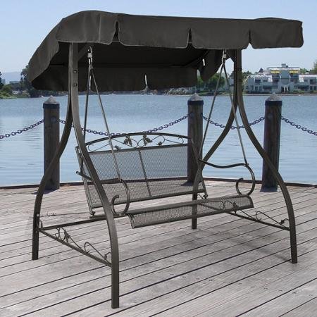 Outdoor Porch Swing Deck Furniture with Adjustable Canopy Awning - Clearance SALE Weather Resistant Wrought Iron Metal Frame Similar to A Porch Glider the Bench Provides Spacious Chair Seating for 2
