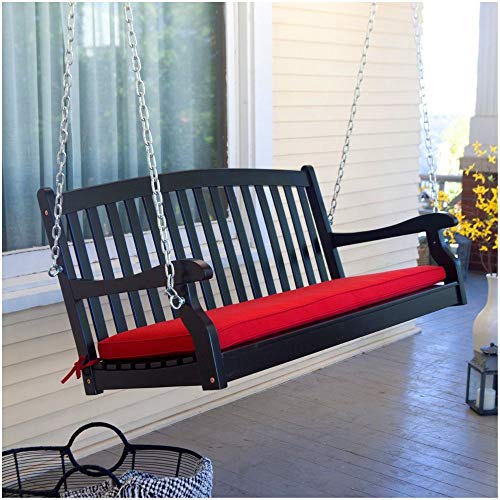 Wooden Porch Swing with Cushion Οudoor 2 Person Swaying Loveseat Hammock Traditional Country Black Hardwood Slatted Patio Porch Swing 4 Foot Hanging Chair Outdoor Piato Decor Furniture Bench Durable