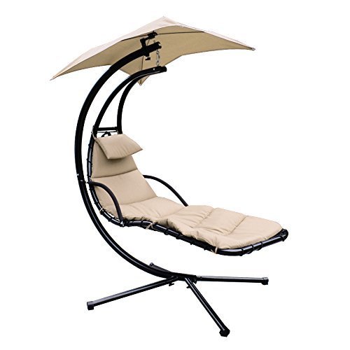 Super Deal Large Beige Hanging Hammock Chaise Lounger Outdoor Swing Chair Canopy Home Patio Yard Arc Stand Air