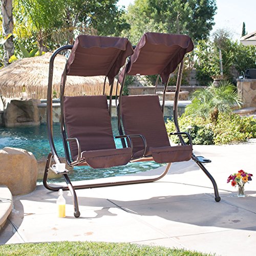 Belleze Outdoor Patio Swing Set 2 Person Armrest Steel Seat Padded W Canopy Brown