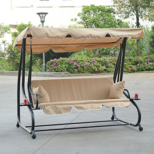 3-Person Patio Outdoor Porch Swing Hammock Bench Canopy Loveseat Convertible Bed