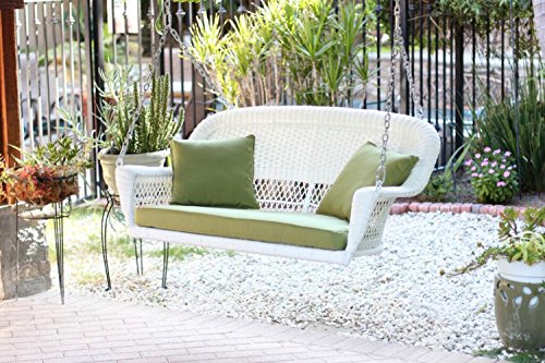 515 Hand Woven White Resin Wicker Outdoor Porch Swing with Green Cushion
