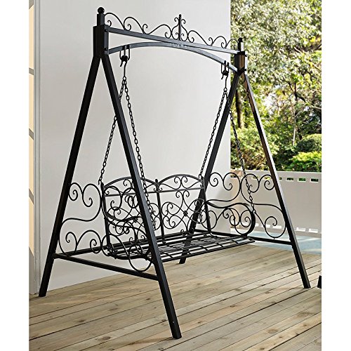 Classic And Sturdy All Metal Outdoor Porch Swing With Armrest and Stand In Black finish