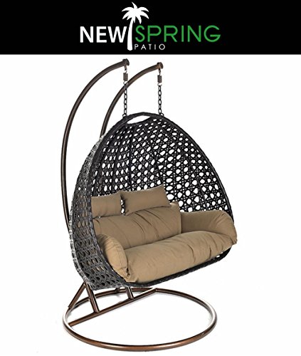 Heavy Duty Outdoor PE Rattan 2 Person Swing Chair with Cushion-2 Poles-2 BONUS PillowsBlack