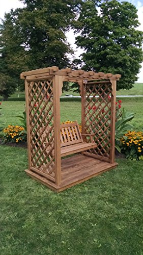 Amish-Made Covington Style Pine Arbor with Deck Swing - 6 Wide Walkthrough Mushroom Stain