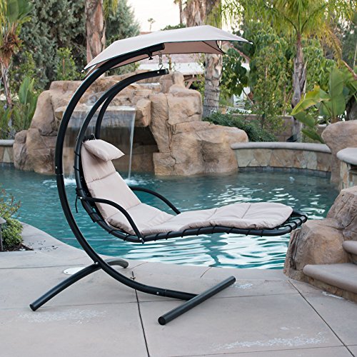 Belleze Hanging Chaise Beige Lounger Chair Arc Stand Canopy Air Porch Swing Hammock Chair