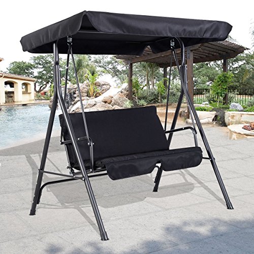 Premium Porch Swing Hammock Patio Swings with Canopy and Frame Outdoor Black 2 Person Bench Furniture in Modern All Weather Style