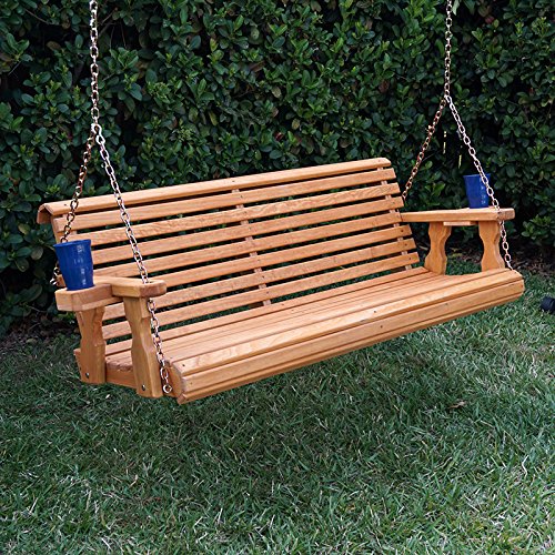 Amish Heavy Duty 800 Lb Roll Back Treated Porch Swing With Hanging Chains And Cupholders 5 Foot Cedar Stain