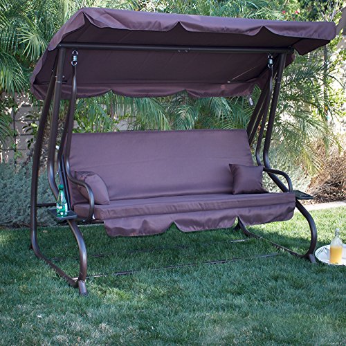 BELLEZE Porch Swing Bed Cushioned Adjustable UV Resistant Sunlight Protection Backrest Soft Polyester Flatbed Dark Brown