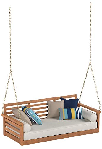 Cari Bay Deep Seating Porch Natural Finish Swing Bed Made of Eucalyptus Wood with Khaki Cushion and 4-Foot Hanging Chain - Assembly Required